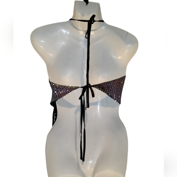 lulus sequin tie-back halter top xs cowl neck iridescent sequins cropped bodice - Picture 3 of 9